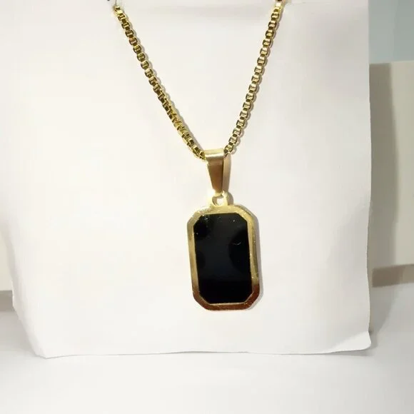 18K Gold Plated Stainless Steel Necklace Black Pendant - Picture 9 of 12